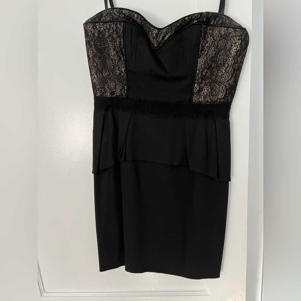 Strapless Black Lace-Trimmed Peplum Dress - Women's Elegant Cocktail Dress